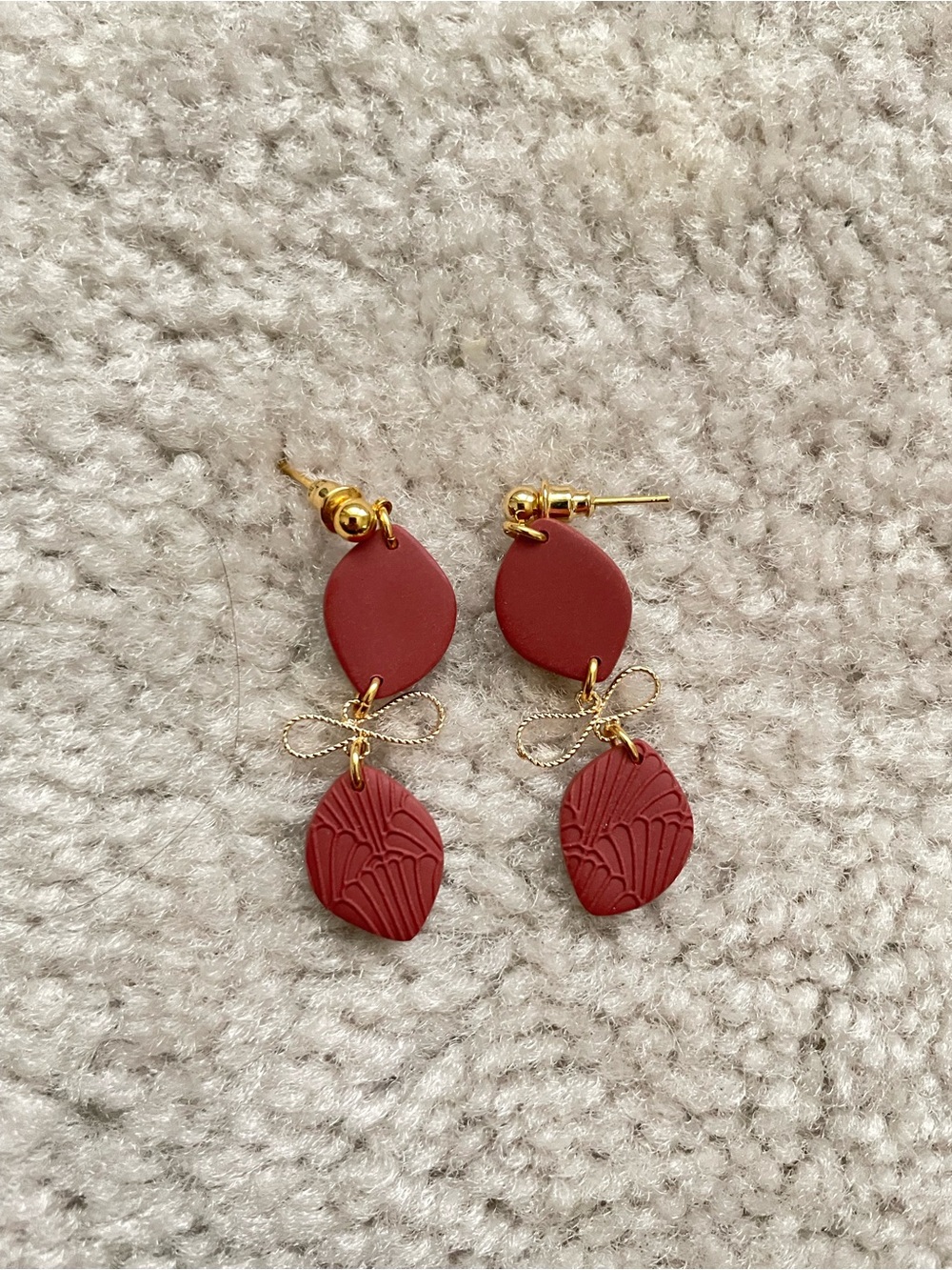 Gold Bow Drop Earrings with Brick Red Clay Dangles Statement Jewelry